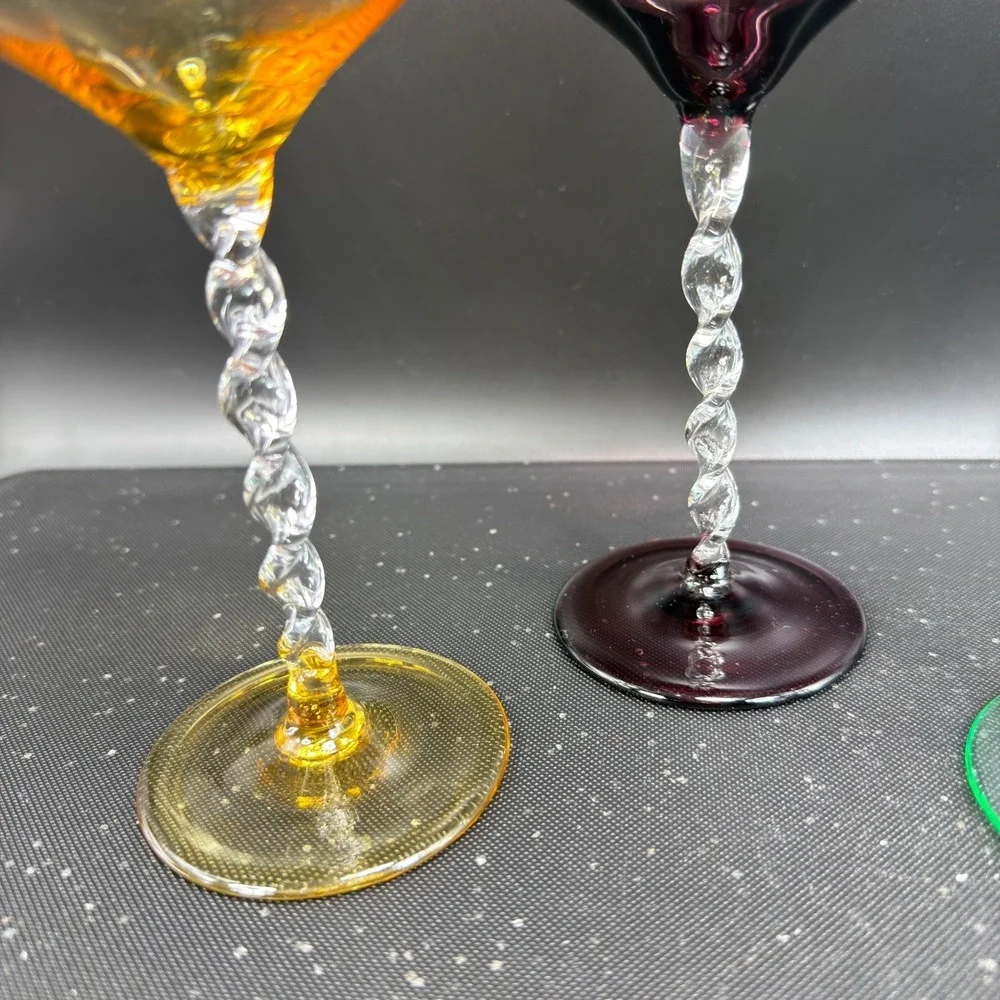 Pier 1 Martini Glasses Set of 3 Twisted Stem Amber Plum Green Barware Glasses